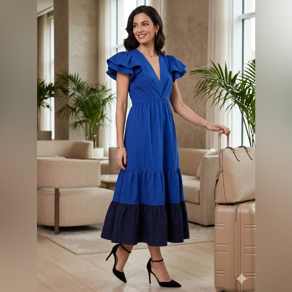 NWT Sachin & Babi Lori Dress Cobalt Blue Tiered Colorblock Midi 10
